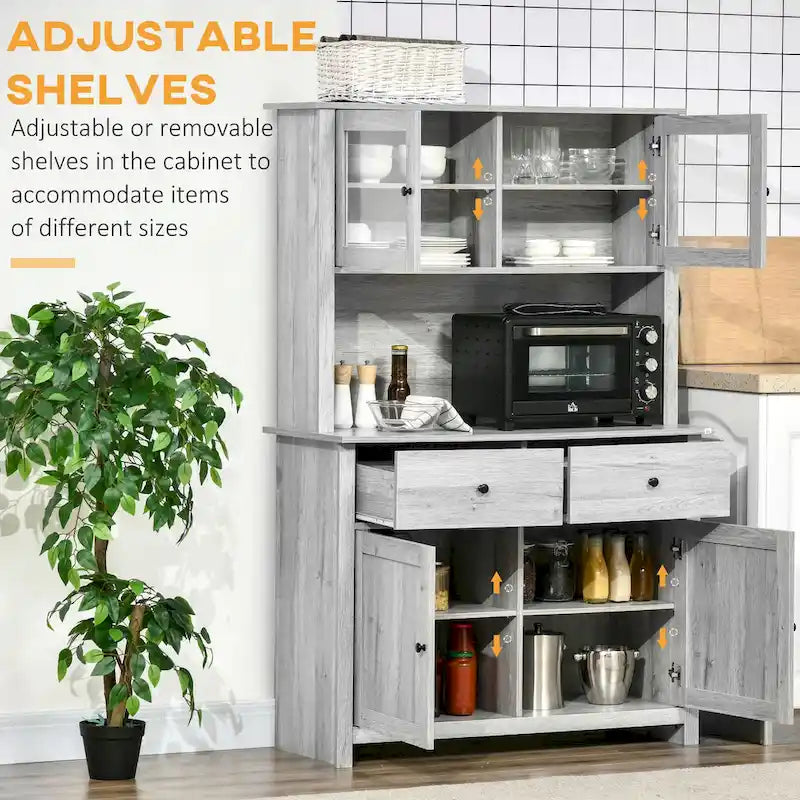 HOMCOM Credenza da Cucina 63.5 con Vetrinetta, Mobile Dispensa con 4 Ripiani, Cassetti, Ante in Vetro Intelaiate