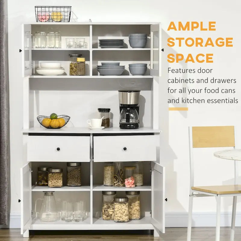 HOMCOM Credenza da Cucina 63.5 con Vetrinetta, Mobile Dispensa con 4 Ripiani, Cassetti, Ante in Vetro Intelaiate