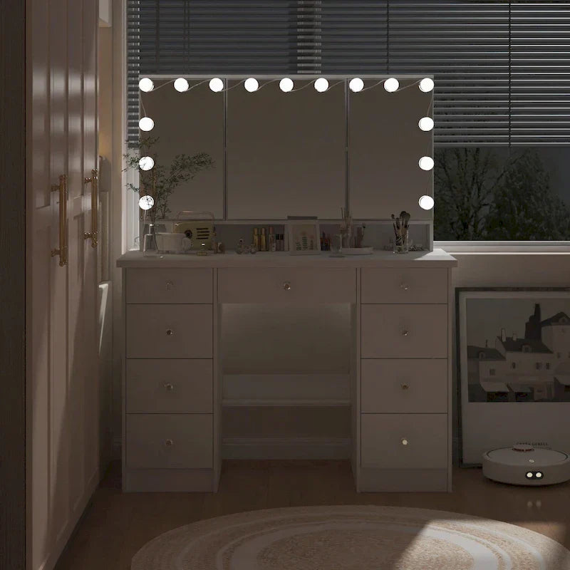 Lussuosa Toeletta da Trucco a LED con 9 Cassetti Elegante Postazione Trucco