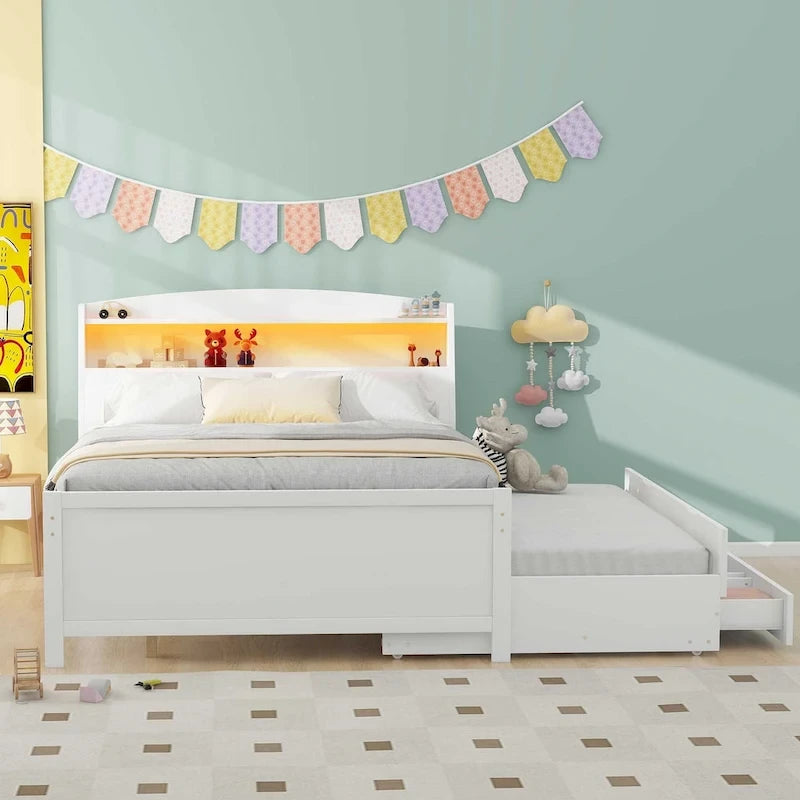 Letto a piattaforma a una piazza e mezza con testiera a LED con contenitore, letto estraibile singolo e 3 cassetti, bianco