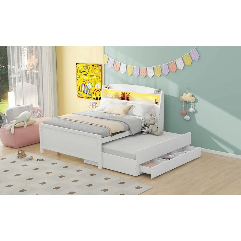 Letto a piattaforma a una piazza e mezza con testiera a LED con contenitore, letto estraibile singolo e 3 cassetti, bianco