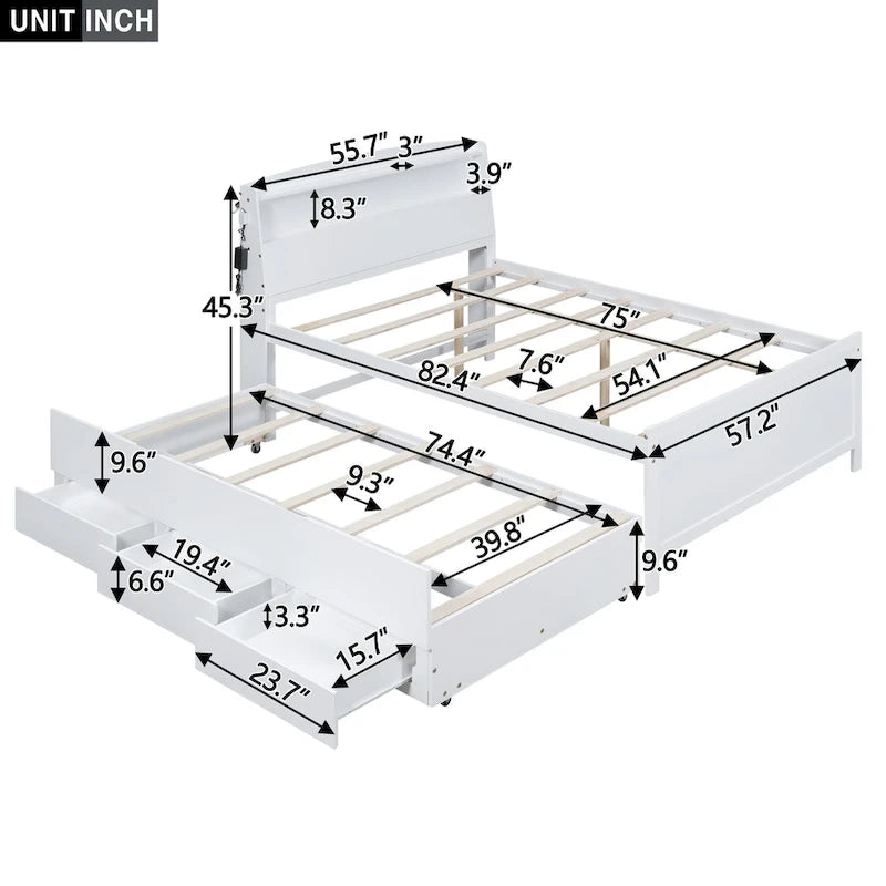 Letto a piattaforma a una piazza e mezza con testiera a LED con contenitore, letto estraibile singolo e 3 cassetti, bianco