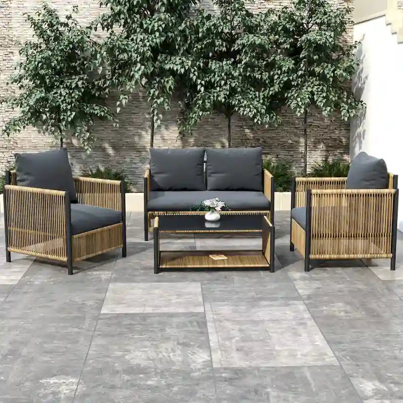 Divano a 4 pezzi da esterno in vimini PE marrone con cuscini grigi - Nuova Collezione