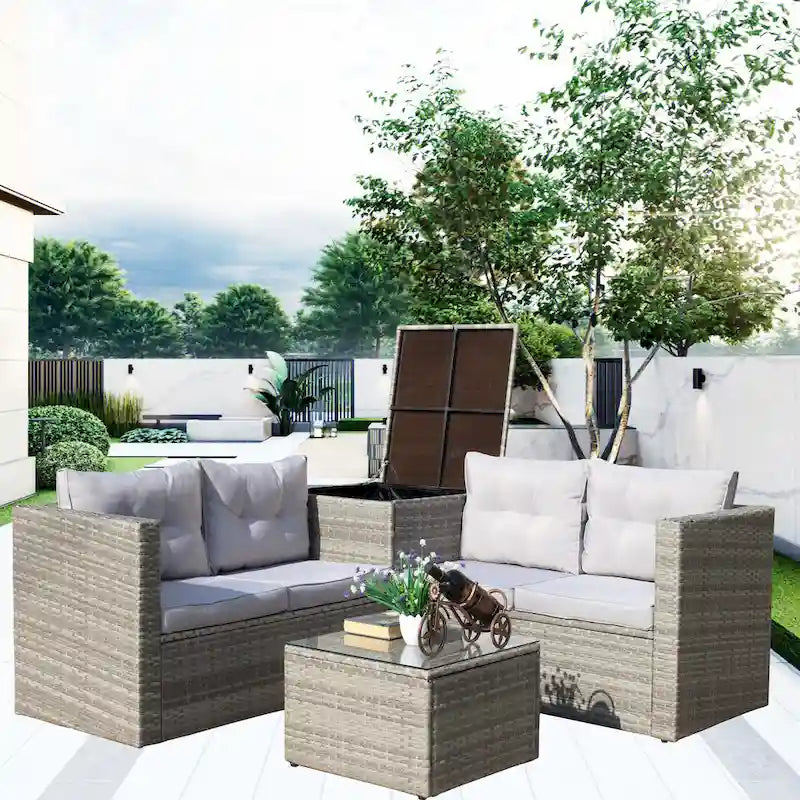 Set di divani da esterno in vimini e rattan da 4 pezzi con cassapanca, colore grigio