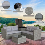 Set di divani da esterno in vimini e rattan da 4 pezzi con cassapanca, colore grigio