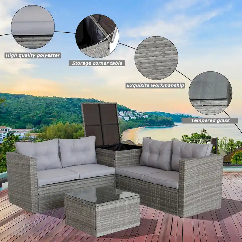 Set di divani da esterno in vimini e rattan da 4 pezzi con cassapanca, colore grigio