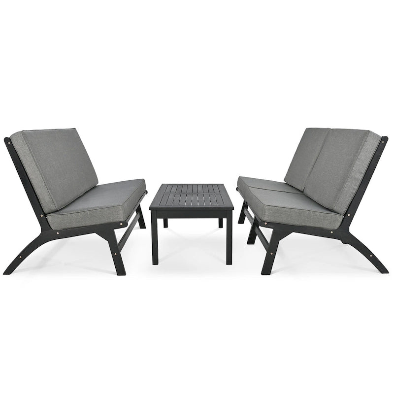 Set di 4 sedute a V GO, divano da esterno in legno massello di acacia, mobili da giardino, sedute da esterno, nero e grigio