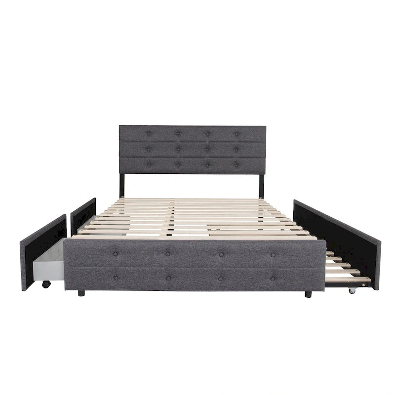 Letto a rotelle imbottito in tessuto di lino Queen Size con cassetti, grigio