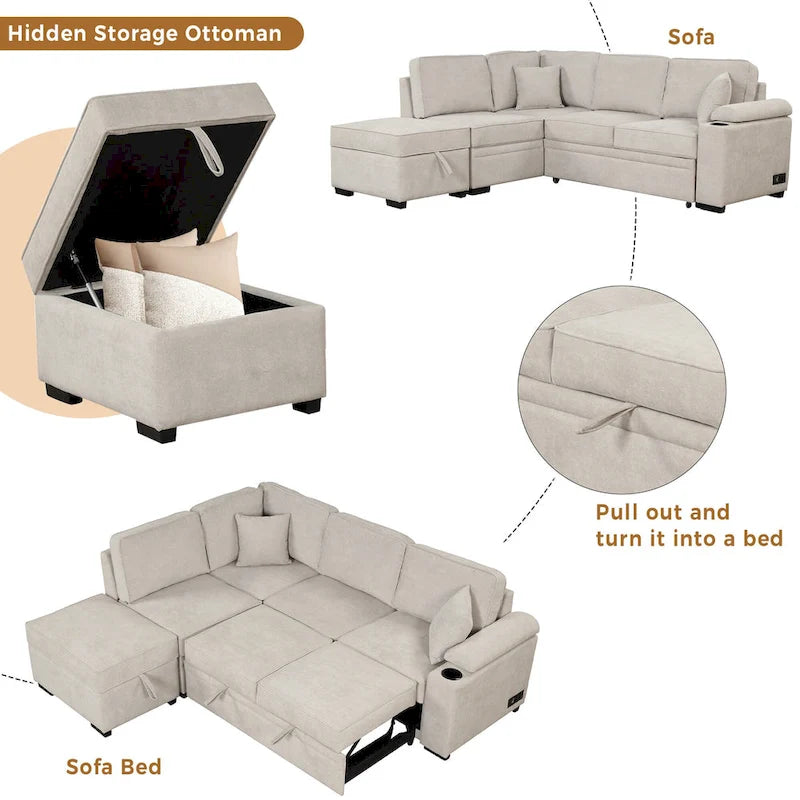Divano letto 87.4, divano letto a scomparsa 2 in 1 a forma di L con pouf contenitore per soggiorno, camera da letto e piccoli appartamenti
