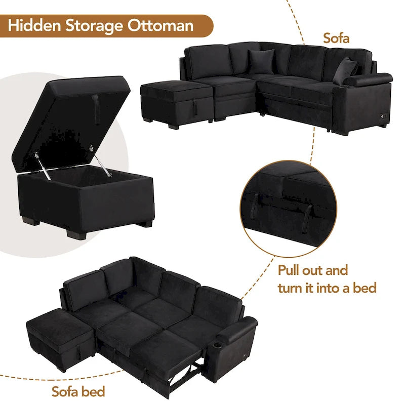 Divano letto 87.4, divano letto a scomparsa 2 in 1 a forma di L con pouf contenitore per soggiorno, camera da letto e piccoli appartamenti