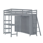 Letto a soppalco full size con armadio, scrivania e mensole, grigio