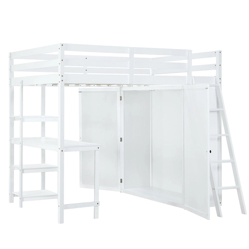 Letto a soppalco full size con armadio, scrivania e mensole, grigio
