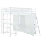 Letto a soppalco full size con armadio, scrivania e mensole, grigio