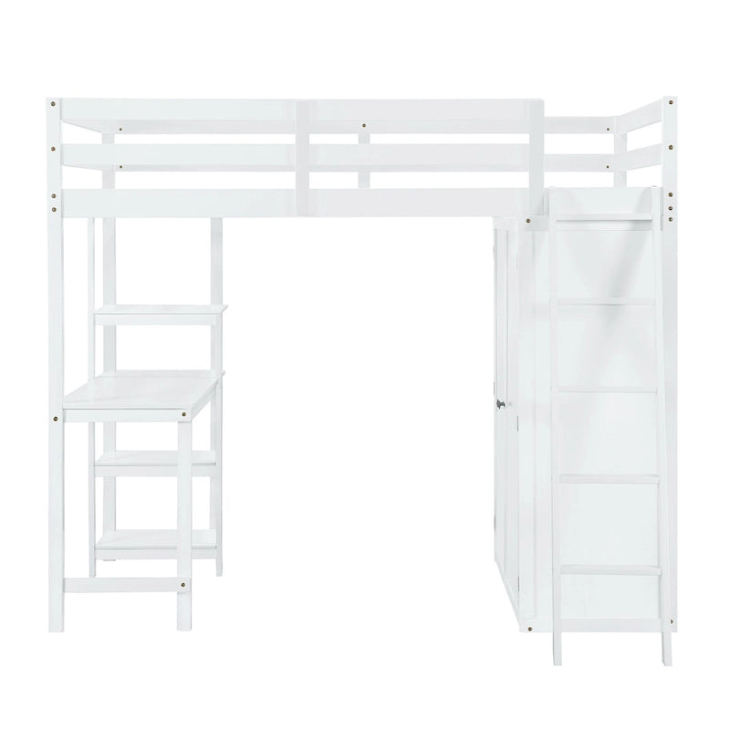 Letto a soppalco full size con armadio, scrivania e mensole, grigio