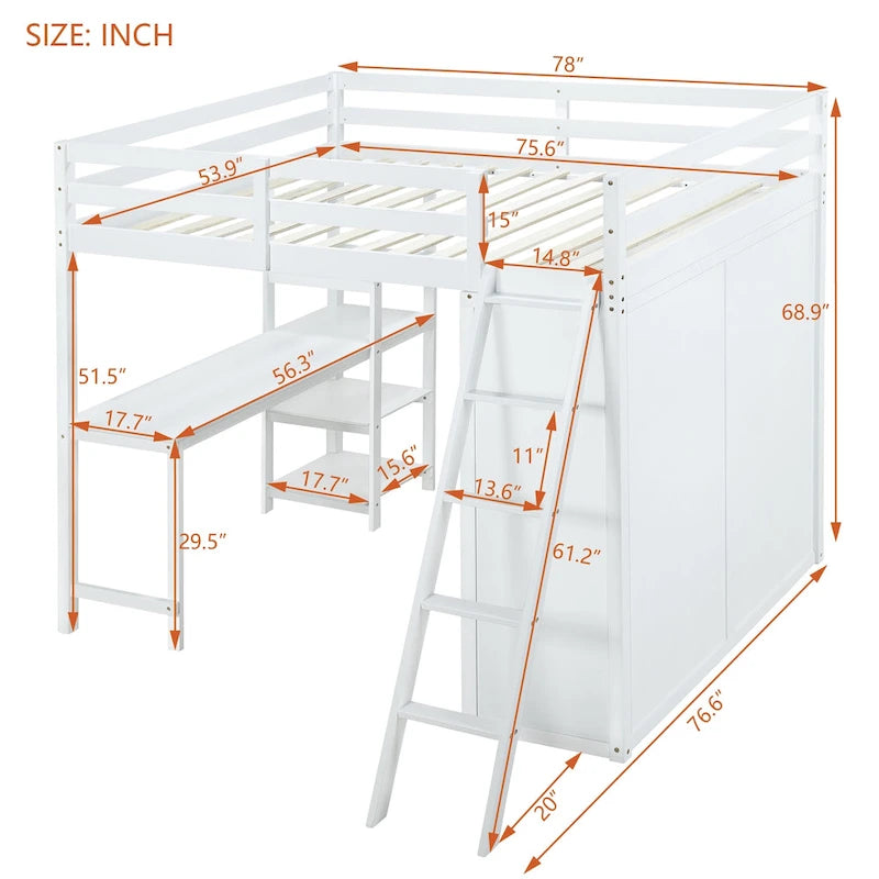 Letto a soppalco full size con armadio, scrivania e mensole, grigio