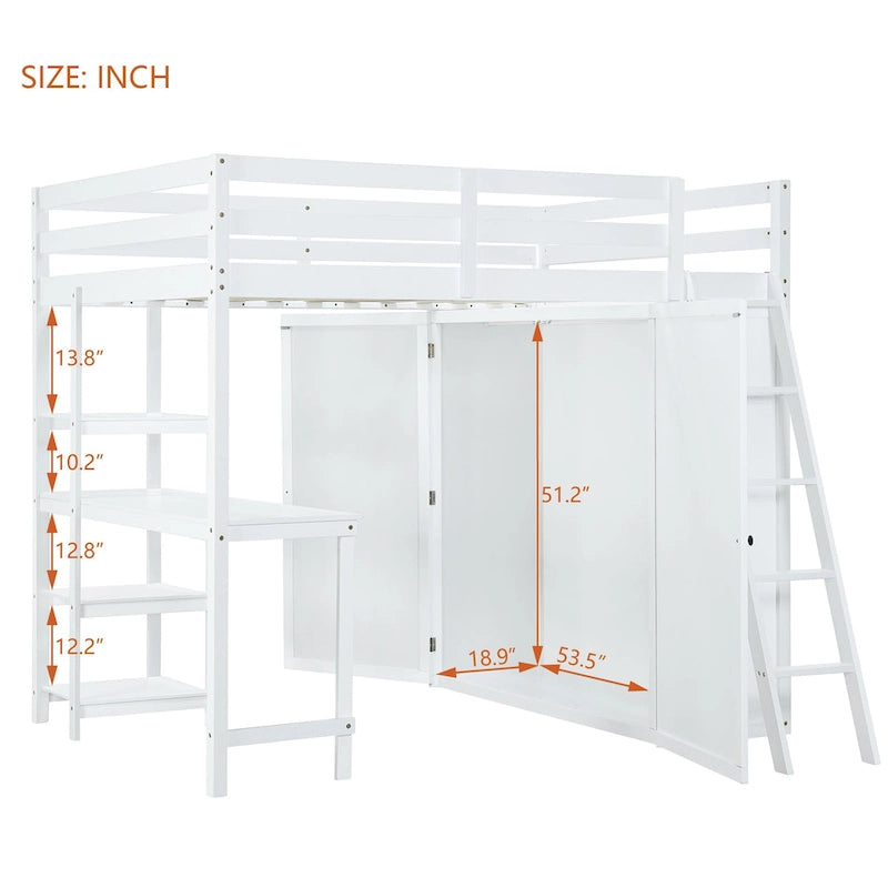 Letto a soppalco full size con armadio, scrivania e mensole, grigio