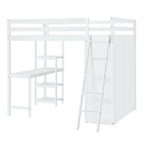 Letto a soppalco full size con armadio, scrivania e mensole, grigio