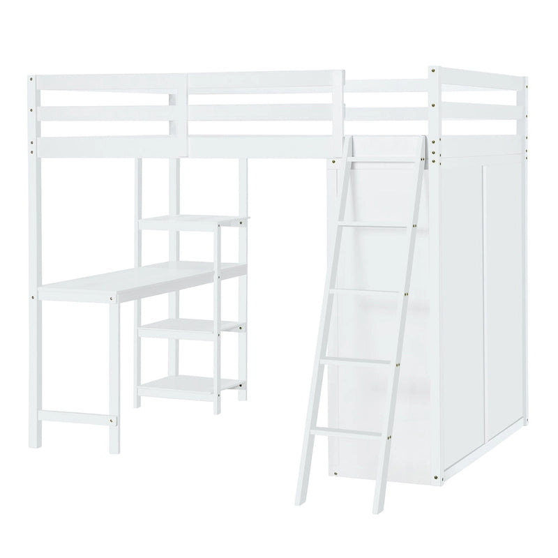 Letto a soppalco full size con armadio, scrivania e mensole, grigio
