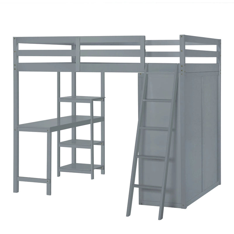 Letto a soppalco full size con armadio, scrivania e mensole, grigio