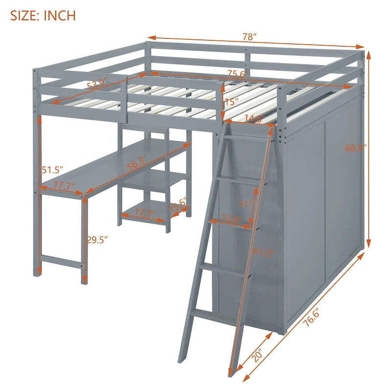 Letto a soppalco full size con armadio, scrivania e mensole, grigio