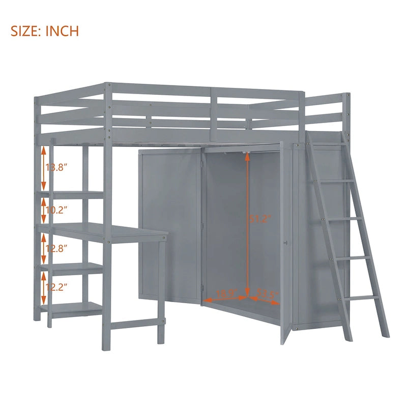 Letto a soppalco full size con armadio, scrivania e mensole, grigio