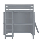 Letto a soppalco full size con armadio, scrivania e mensole, grigio