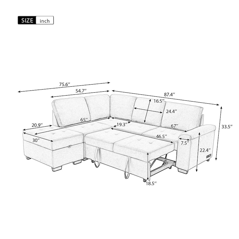 Divano Sezionale Trasformabile, Divano Letto Angolare a L con Pouf Contenitore e Vano Bracciolo Nascosto e Ricarica USB per Soggiorno Ap