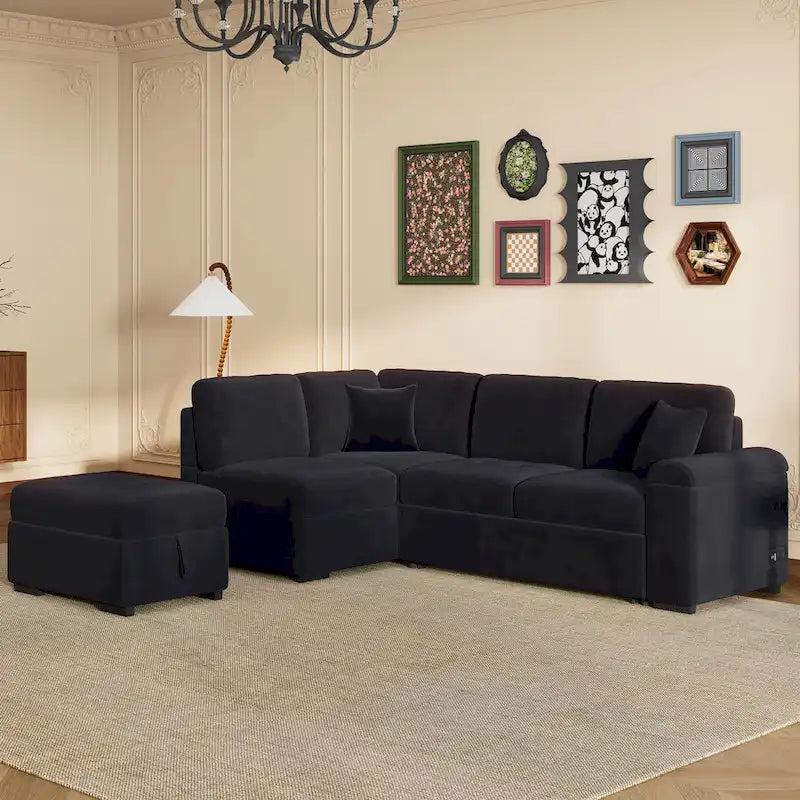 Divano Sezionale Trasformabile, Divano Letto Angolare a L con Pouf Contenitore e Vano Bracciolo Nascosto e Ricarica USB per Soggiorno Ap