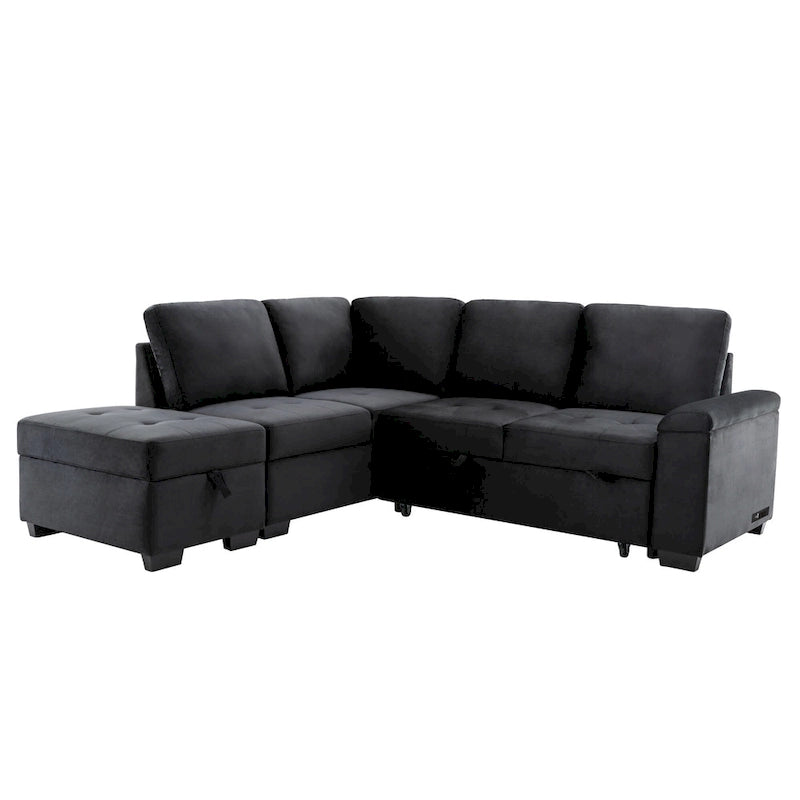 Divano Sezionale Trasformabile, Divano Letto Angolare a L con Pouf Contenitore e Vano Bracciolo Nascosto e Ricarica USB per Soggiorno Ap