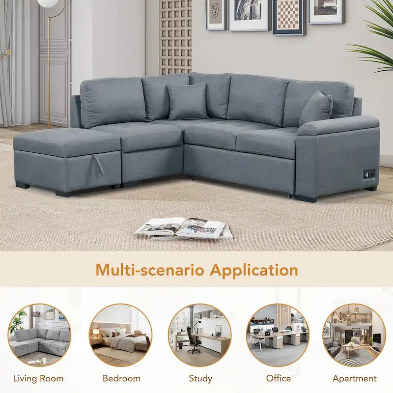 Divano Sezionale Trasformabile, Divano Letto Angolare a L con Pouf Contenitore e Vano Bracciolo Nascosto e Ricarica USB per Soggiorno Ap