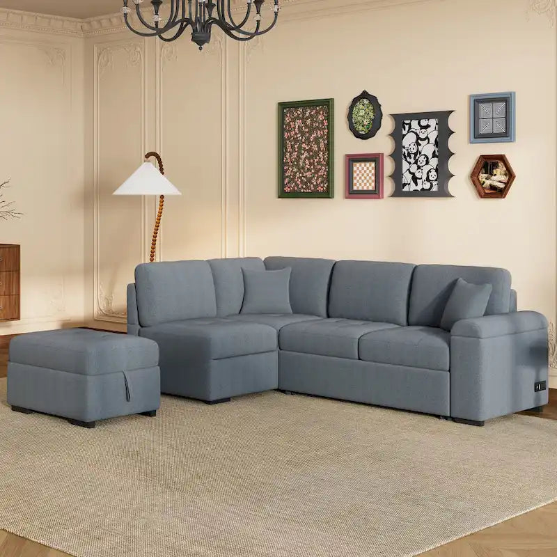 Divano Sezionale Trasformabile, Divano Letto Angolare a L con Pouf Contenitore e Vano Bracciolo Nascosto e Ricarica USB per Soggiorno Ap