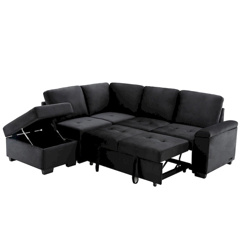Divano Sezionale Trasformabile, Divano Letto Angolare a L con Pouf Contenitore e Vano Bracciolo Nascosto e Ricarica USB per Soggiorno Ap