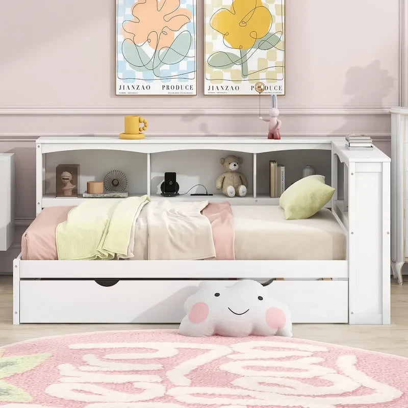 Divano Letto Singolo con Letto Estraibile, Armadietti e Porte USB, Bianco