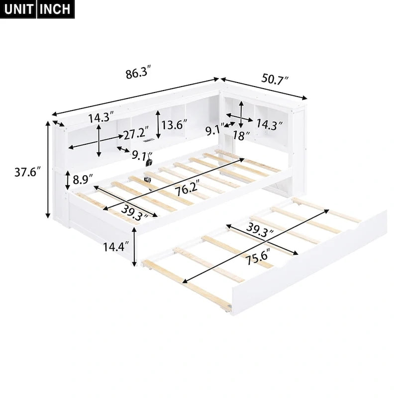 Divano Letto Singolo con Letto Estraibile, Armadietti e Porte USB, Bianco