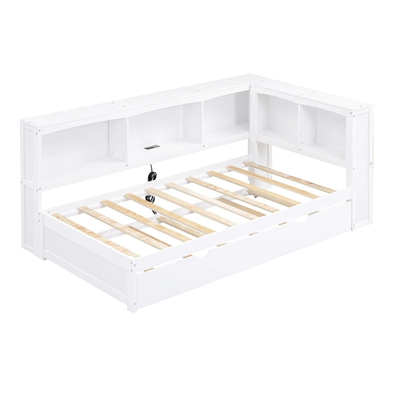 Divano Letto Singolo con Letto Estraibile, Armadietti e Porte USB, Bianco
