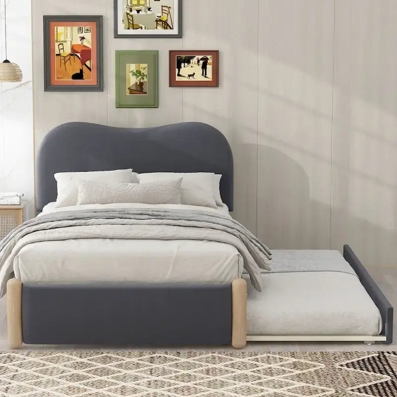 Letto a piattaforma imbottito singolo con piedini di supporto in legno e letto estraibile singolo, grigio