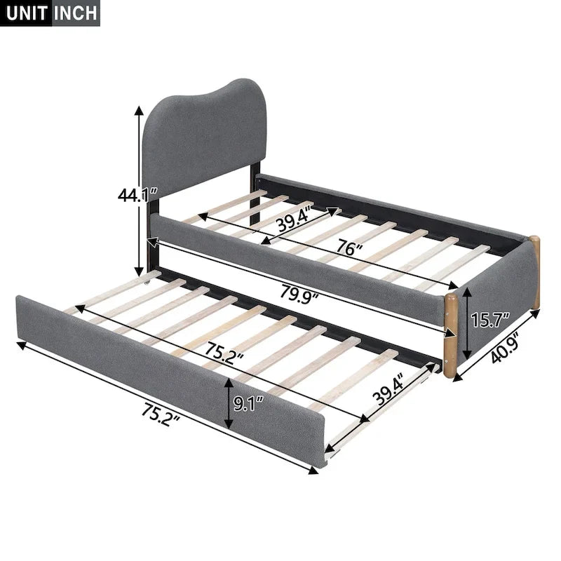 Letto a piattaforma imbottito singolo con piedini di supporto in legno e letto estraibile singolo, grigio