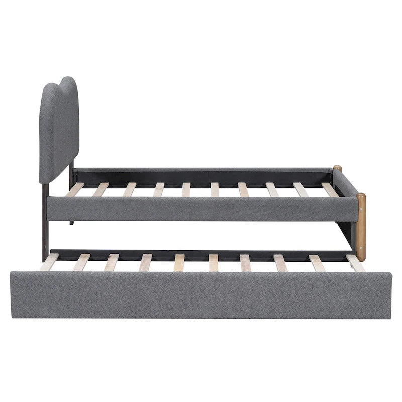 Letto a piattaforma imbottito singolo con piedini di supporto in legno e letto estraibile singolo, grigio
