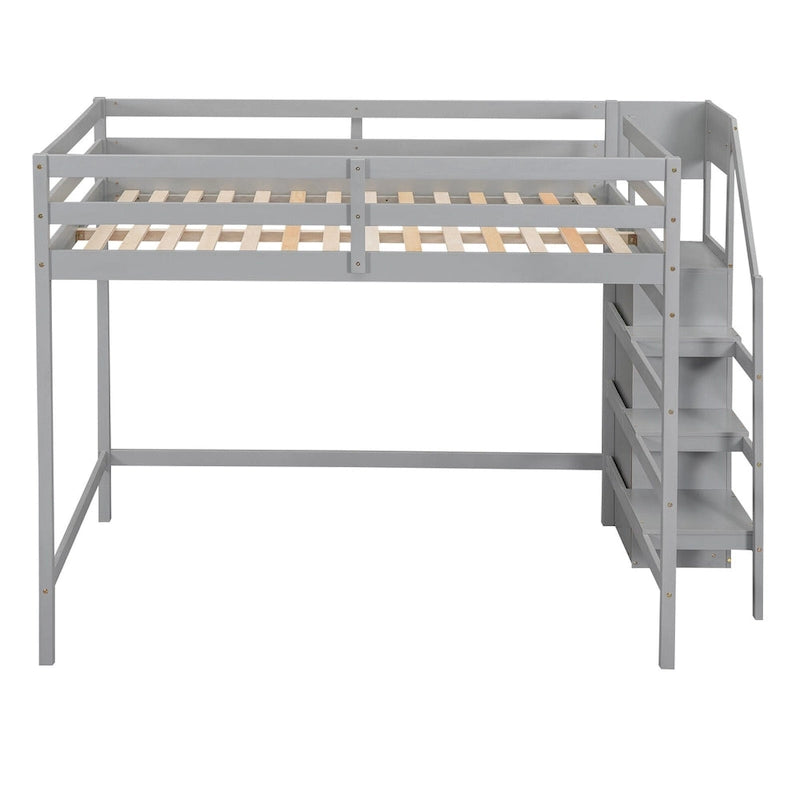Letto a soppalco full size con armadio contenitore e scala integrati, grigio