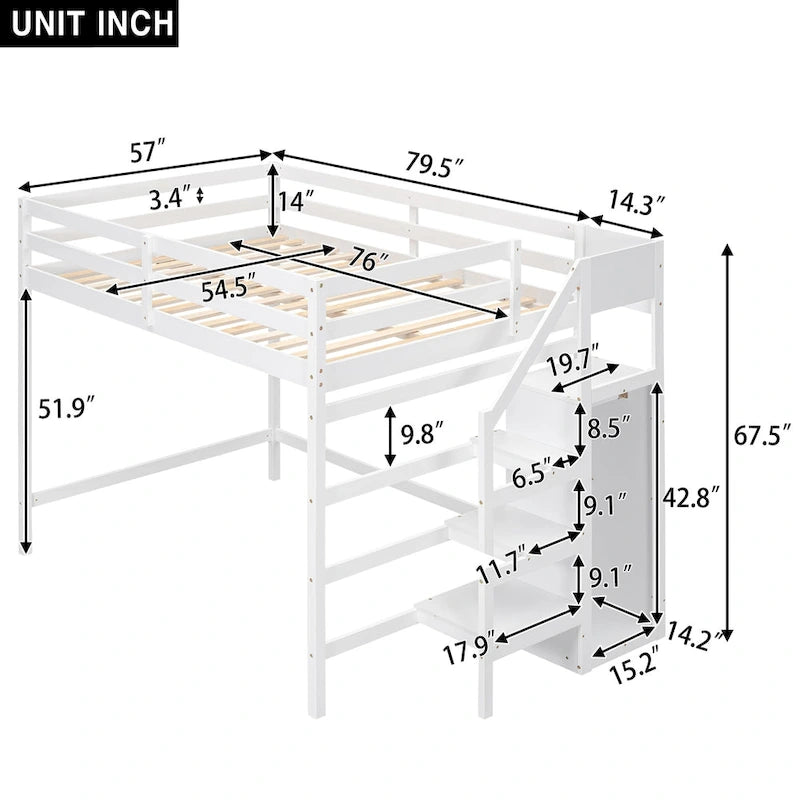 Letto a soppalco full size con armadio contenitore e scala integrati, grigio