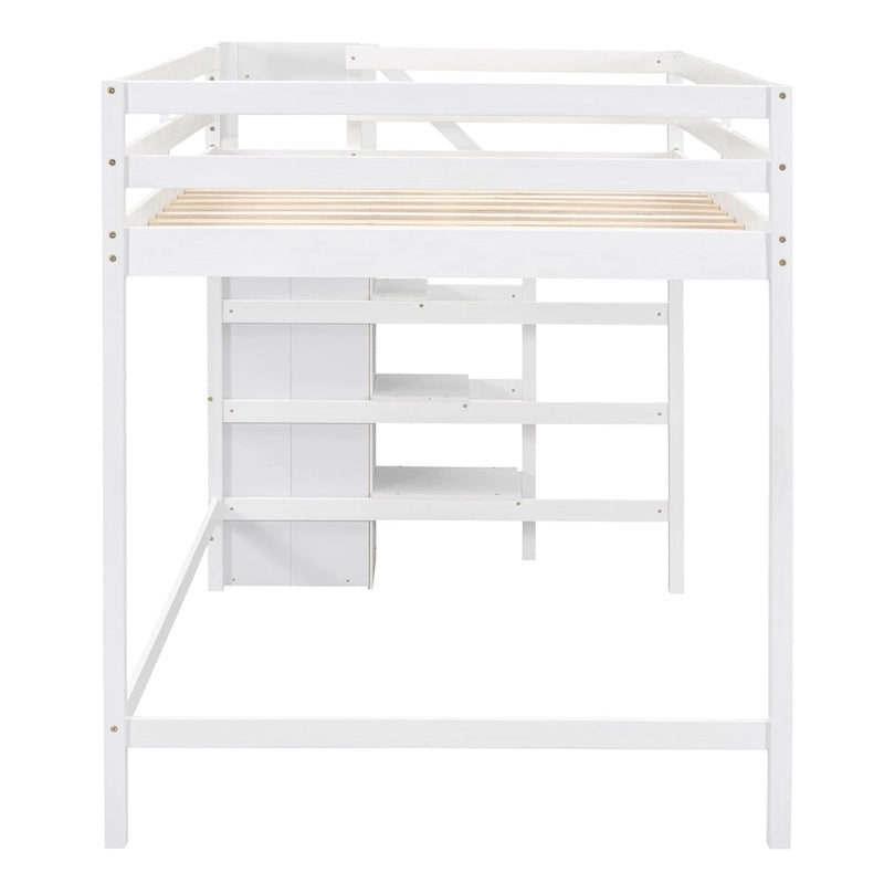Letto a soppalco full size con armadio contenitore e scala integrati, grigio