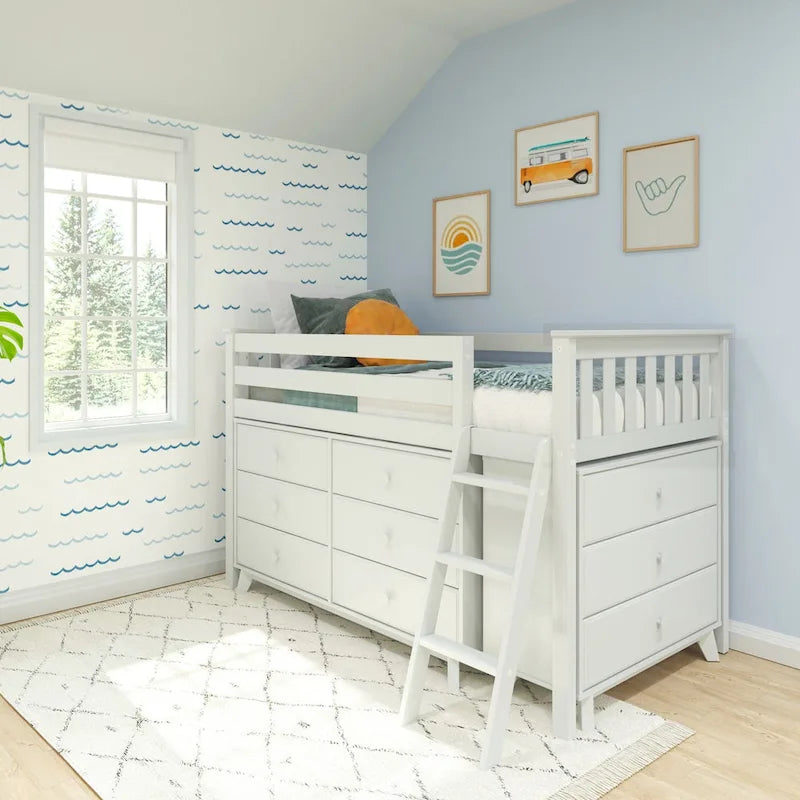 Max & Lily Letto a soppalco basso una piazza e mezza con cassettiere a 3 e 6 cassetti