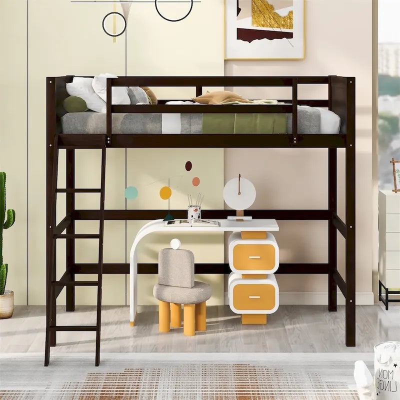 Lit mezzanine simple en bois massif Merax avec échelle