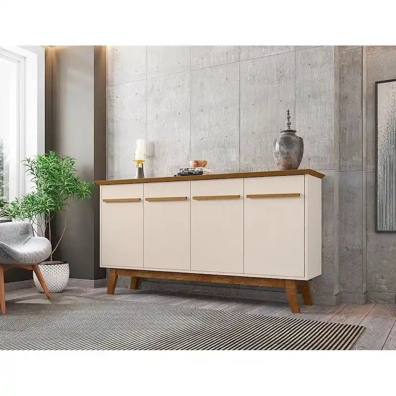 Credenza Yonkers 62.99 con gambe in legno massello e 2 ante in bianco sporco e cannella