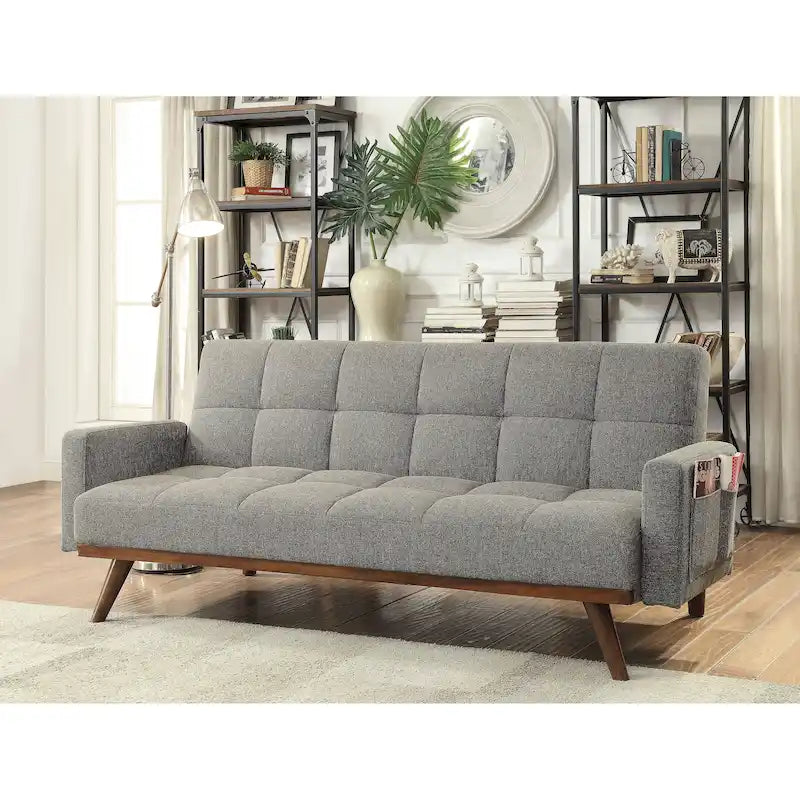 Divano letto futon Vaughn imbottito in lino grigio con bottoni, design moderno di metà secolo