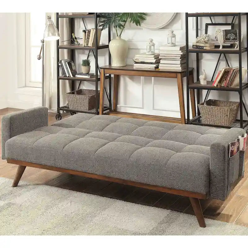 Divano letto futon Vaughn imbottito in lino grigio con bottoni, design moderno di metà secolo