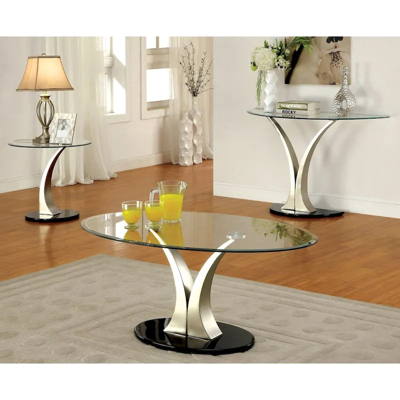 Tavolino da divano a piedistallo semicircolare in metallo argento moderno Wuct da 46 pollici con piano in vetro di Furniture of America
