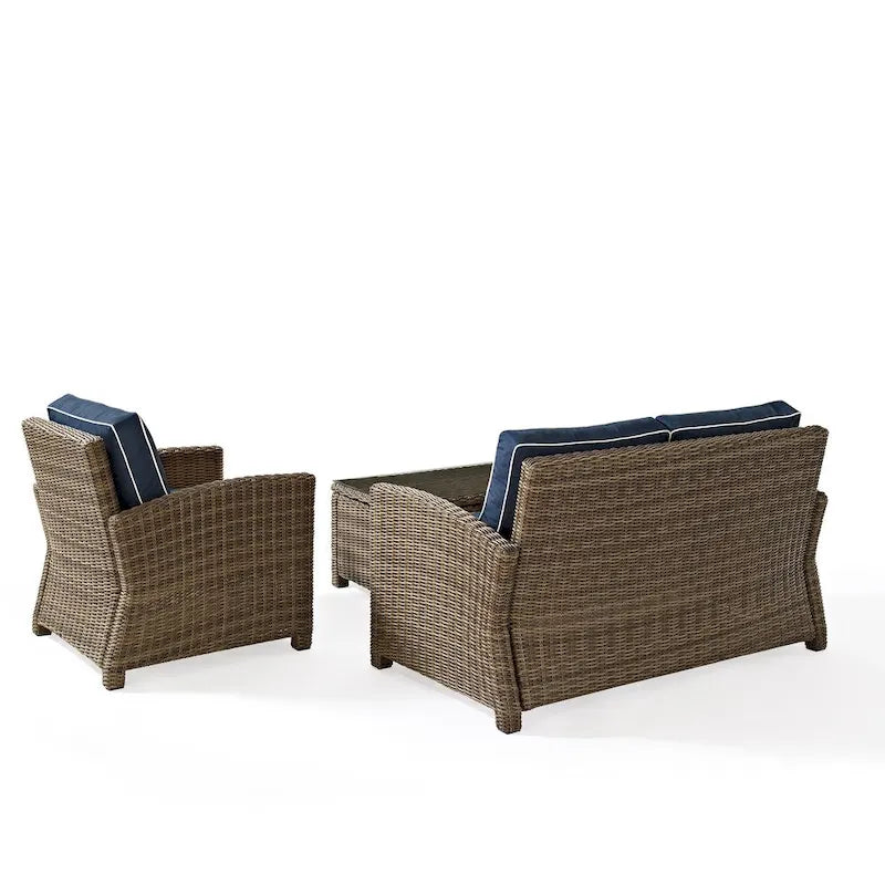 Set da salotto Crosley Bradenton da 3 pezzi in vimini per esterni con cuscini blu navy