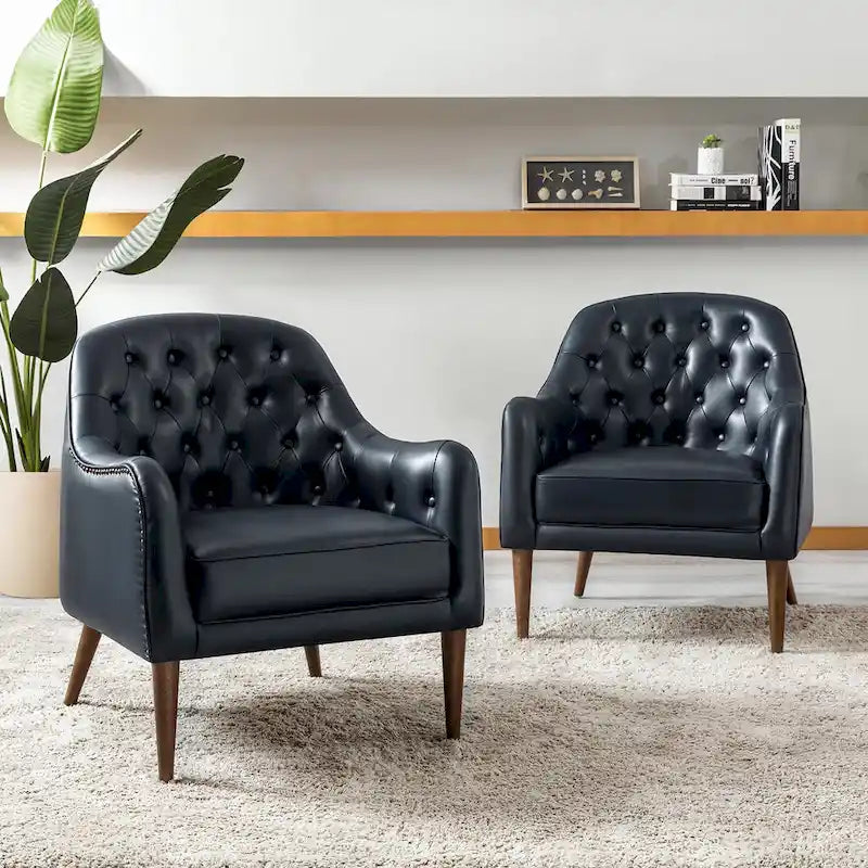 Melisa Classic Poltrona a barilotto in vera pelle con gambe in legno e schienale trapuntato, set da 2 di HULALA HOME