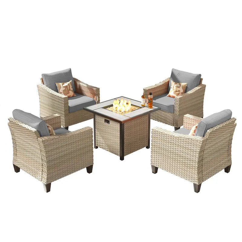 HOOOWOOO Set da conversazione in rattan per esterni da 5 pezzi con tavolo braciere